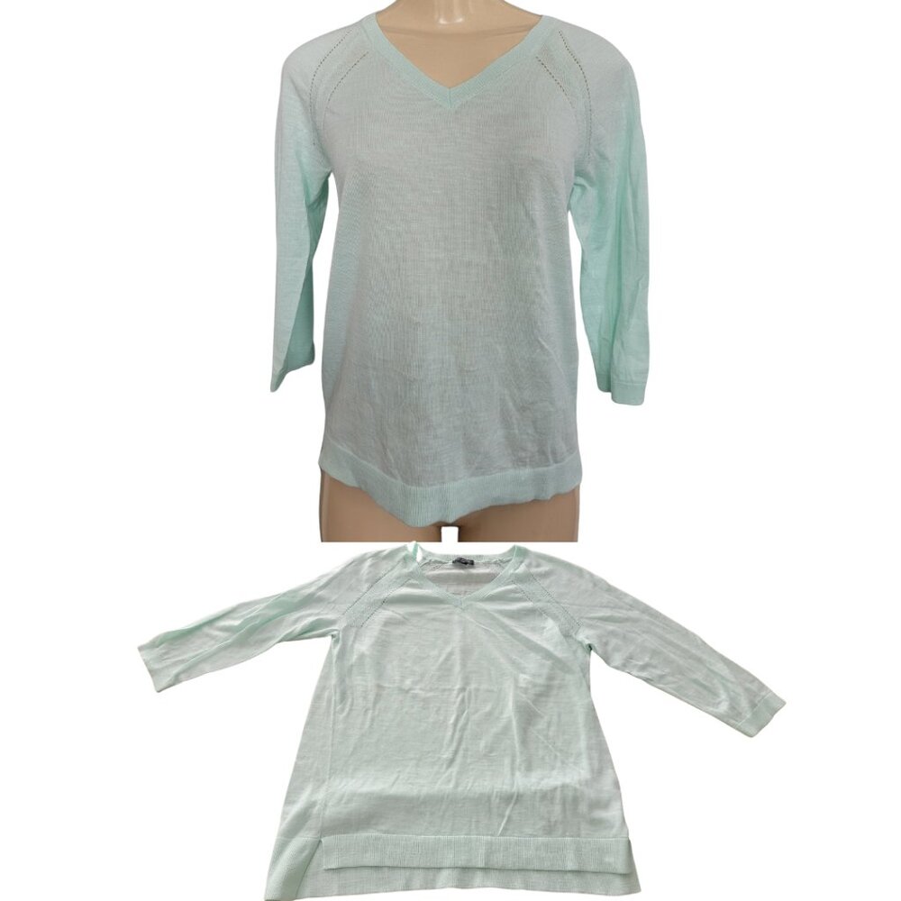 Talbots Petite V Neck 3/4 Sleeve Pale Aqua Blue Fine Gauge Light Sweater Top